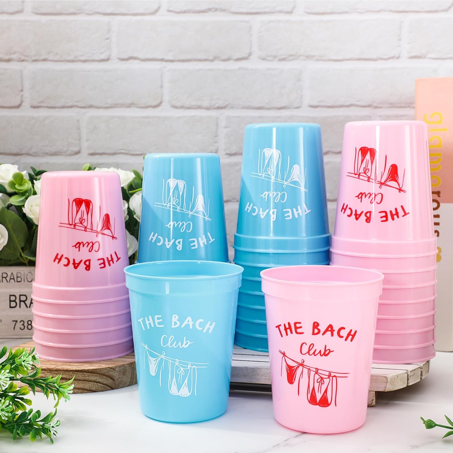 Whaline 36 Pcs Bachelorette Party Plastic Cups Pink Blue The Bach Club Bikini 16 Oz Disposable Drinking Cup for Summer Girls Weekend Bridal Shower Party Supplies