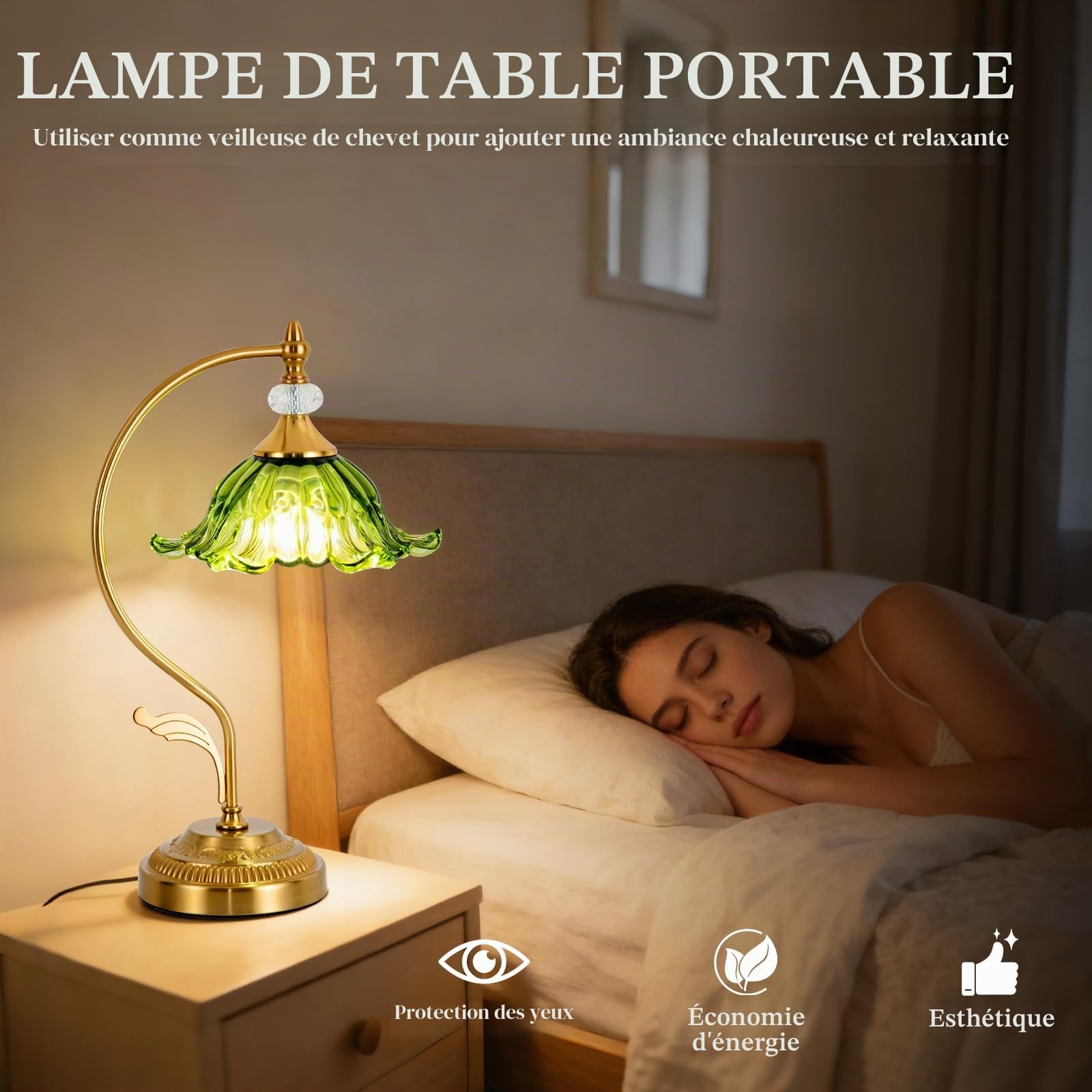 Lampe de table en verre, lampe de table dorée, lampe de chevet vintage en forme de fleur, lampes de table pour chambre à coucher, salon, bureau à domicile (vert)