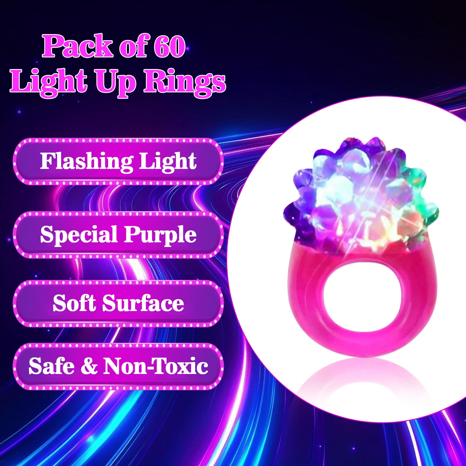 LACGO 60 Stück Weihnachts-Leuchtringe, LED-Blinkringe, Halloween-Partygeschenke, leuchtet im Dunkeln, holprige Gelee-Fingerleuchten, blinkend für Erwachsene, Karneval, Partyzubehör (lila)