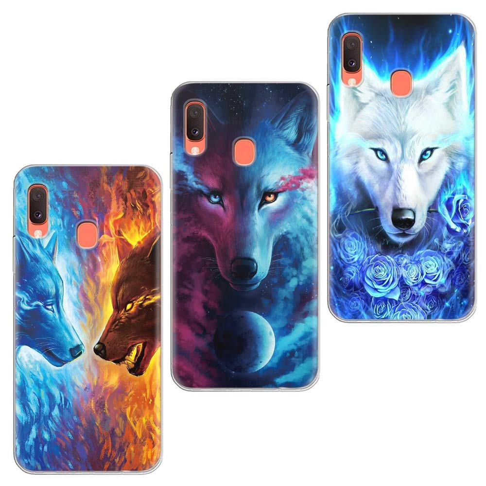 Yoedge Custodia per Samsung Galaxy A20e da 3 Pezzi,Trasparente Morbida Ultra Sottile Crystal Clear Gel Protezione Antiurto Cover, Bella Disegno, Ghiaccio e Fuoco, Lupo