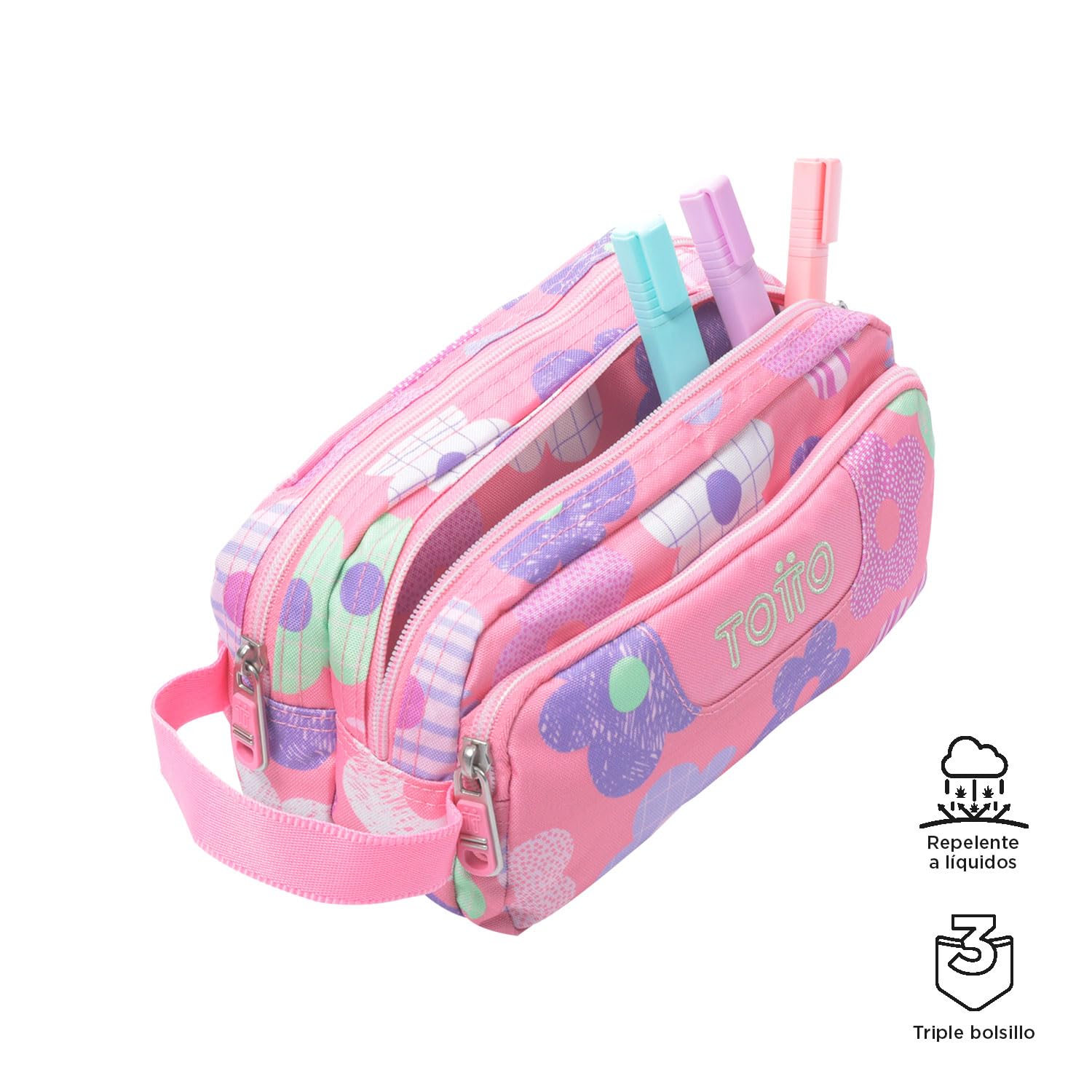 TOTTO - Estuche Escolar 3 Compartimentos, Modelo Agapec, Estuche Grande, Dimensiones 23 x 11.5 x 10.5 cm, Asa Lateral, Tiradores Ergonómicos con PVC, Tejido Resistente, Estampado Margaly