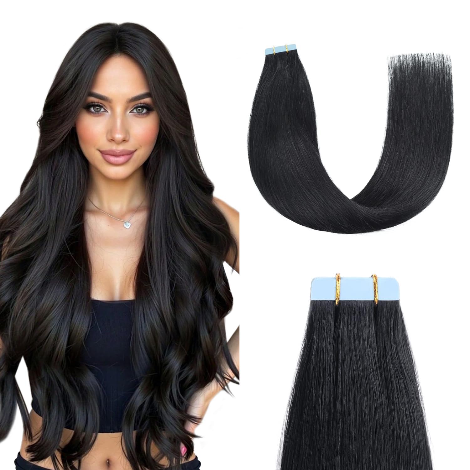 Sunya Extension adesive in capelli veri, colore nero profondo, con nastro adesivo, invisibili, setosi, lisce, 60 cm, 20 pezzi, 50 g/confezione