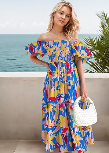 Vista 2 de GOLDSTITCH Vestido largo fruncido para mujer, cuello cuadrado, dobladillo con volantes, manga corta, vestido midi fluido