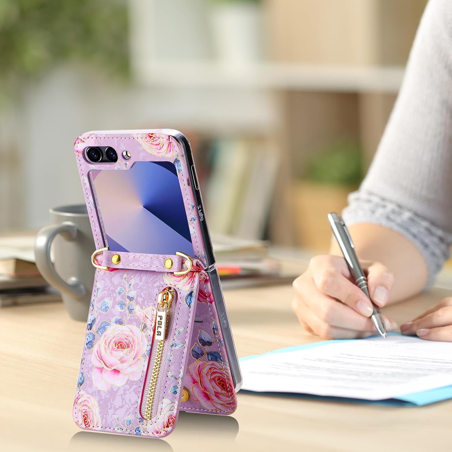 Phone Case for Samsung Galaxy Z Flip 6/Flip 7 FE Wallet Phone Cover, Zipper 4 Card Slots with Adjustable Crossbody Strap with Kickstand, Cute Rose Pattern Phone Cover (Purple)