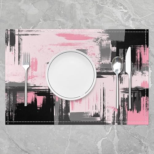 Miniatura 2 de jejeloiu Manteles individuales abstractos de 12 x 18 pulgadas, juego de 4 manteles individuales modernos de arte abstracto, color rosa y negro, para