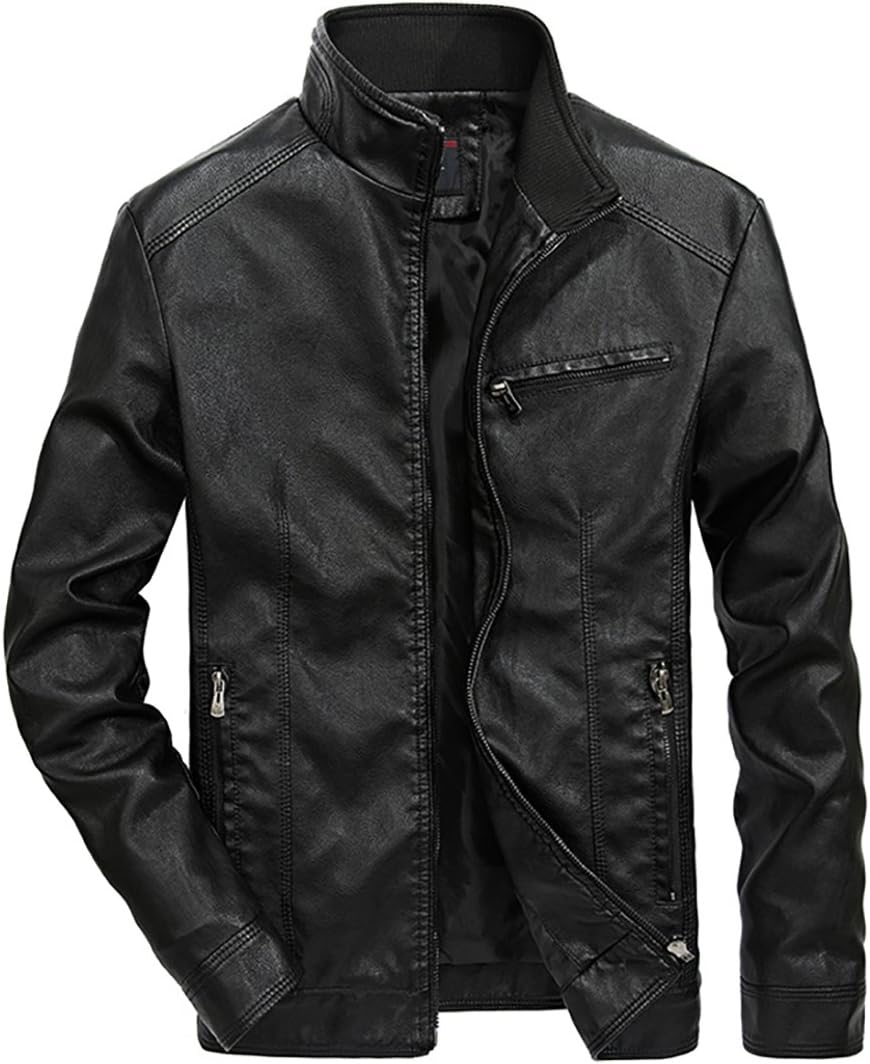 Nantersan Men's Leather Jacket Stand Collar PU Mens Faux Fur Coats Motorcycle Jacket