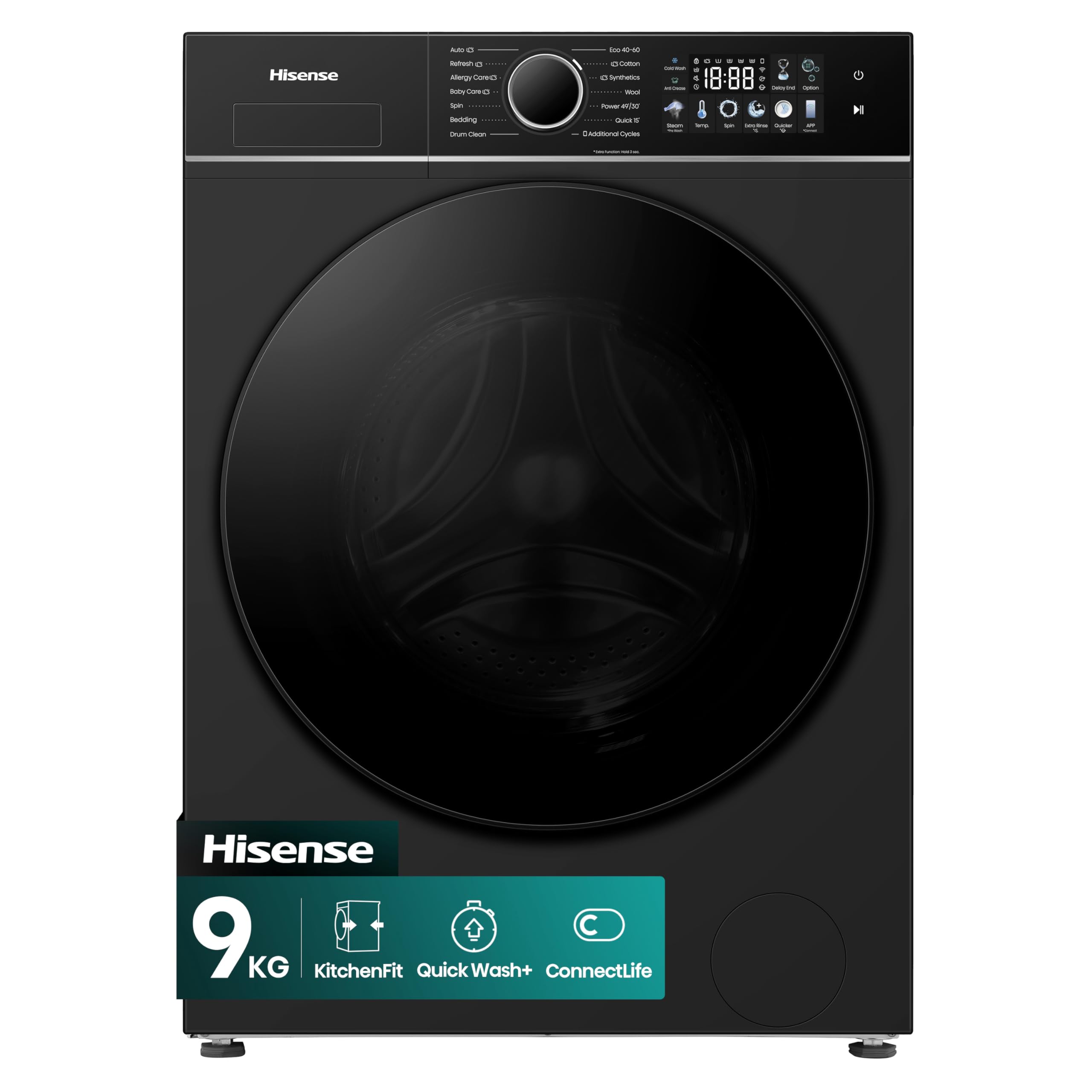 Hisense Kitchenfit 3I Series Wf3I9043Bbfs2 Wifi-Enabled 9Kg, 1400 Spin Washing Machine - Black - A Rated