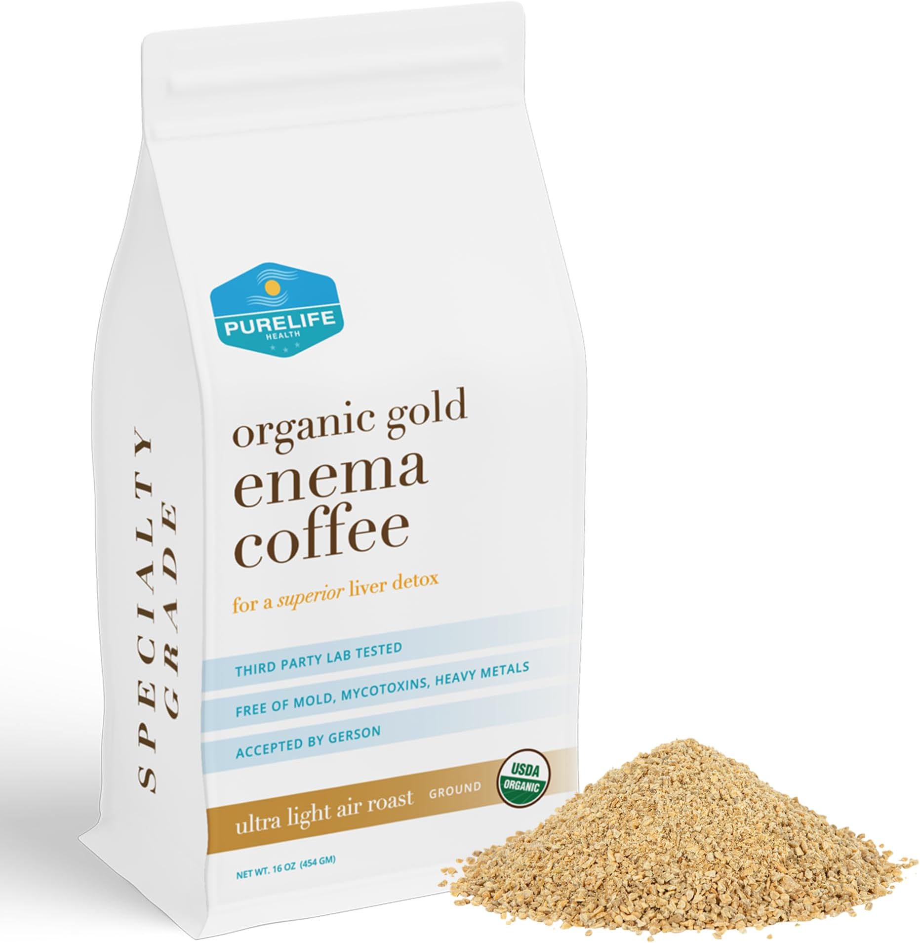 Purelife Enema Coffee - 1 Lb Organic Ultra LIght "Gold" Enema Coffee- Third Party Lab Tested -Contaminant Free - Specialty Grade Pre-Ground - Gerson Accepted for Superior Liver Detoxification