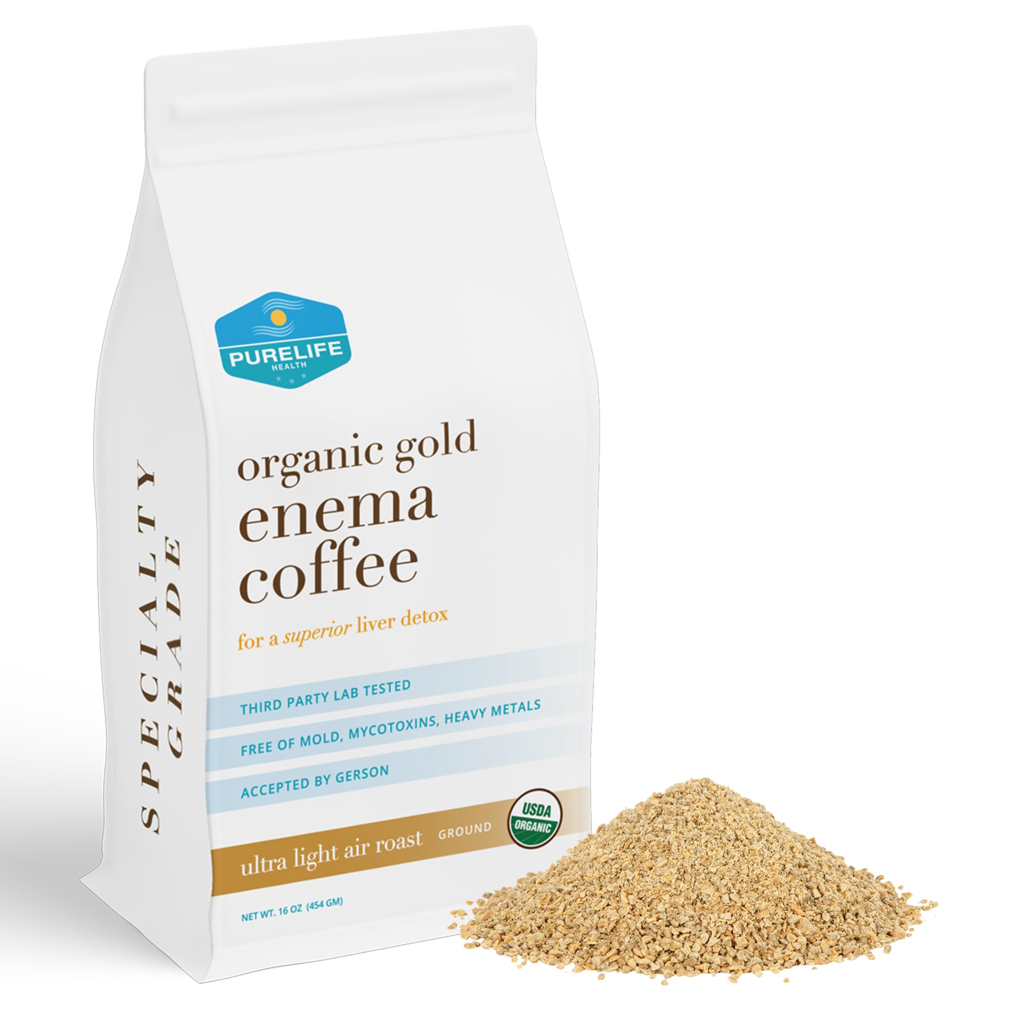 Purelife Enema Coffee - 1 Lb Organic Ultra LIght "Gold" Enema Coffee- Third Party Lab Tested -Contaminant Free - Specialty Grade Pre-Ground - Gerson Accepted for Superior Liver Detoxification