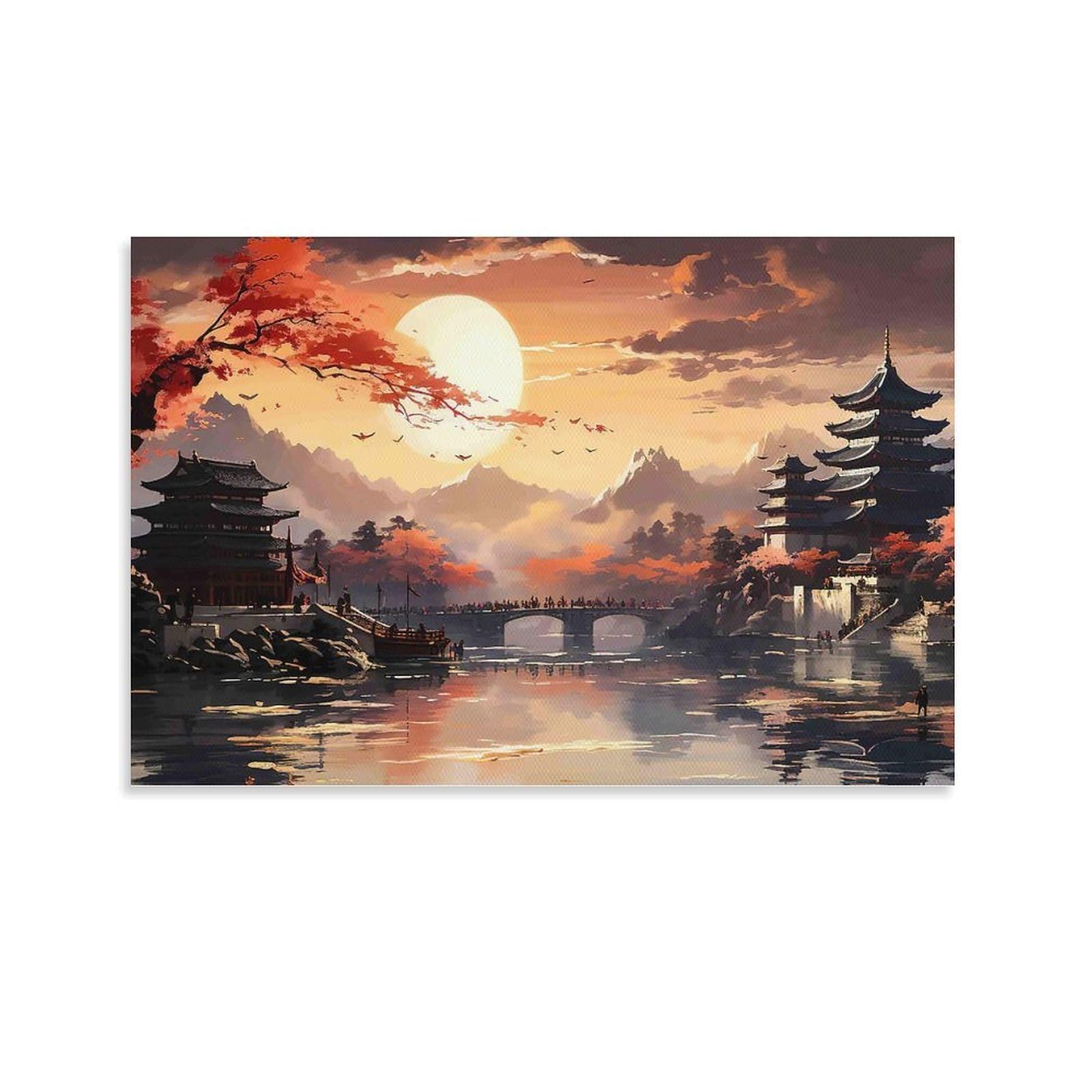 CPLVKWRQJ Ancient Chinese Landscape 1 Piece Japanese Pagoda Sunset Landscape Canvas Wall Decor - Bedroom Canvas Painting Easy to Clean Space Transformer Art 16x24inch(40x60cm)