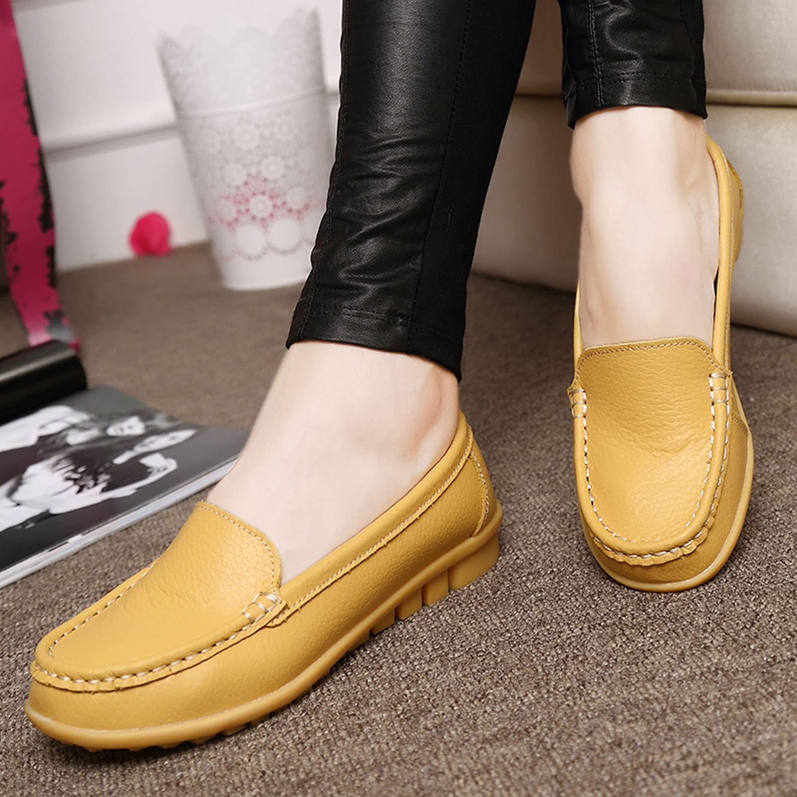 Meidiastra Mocasines Penny para mujer, zapatos planos de trabajo para enfermería, zapatos planos para mujer, Amarillo, 38 EU