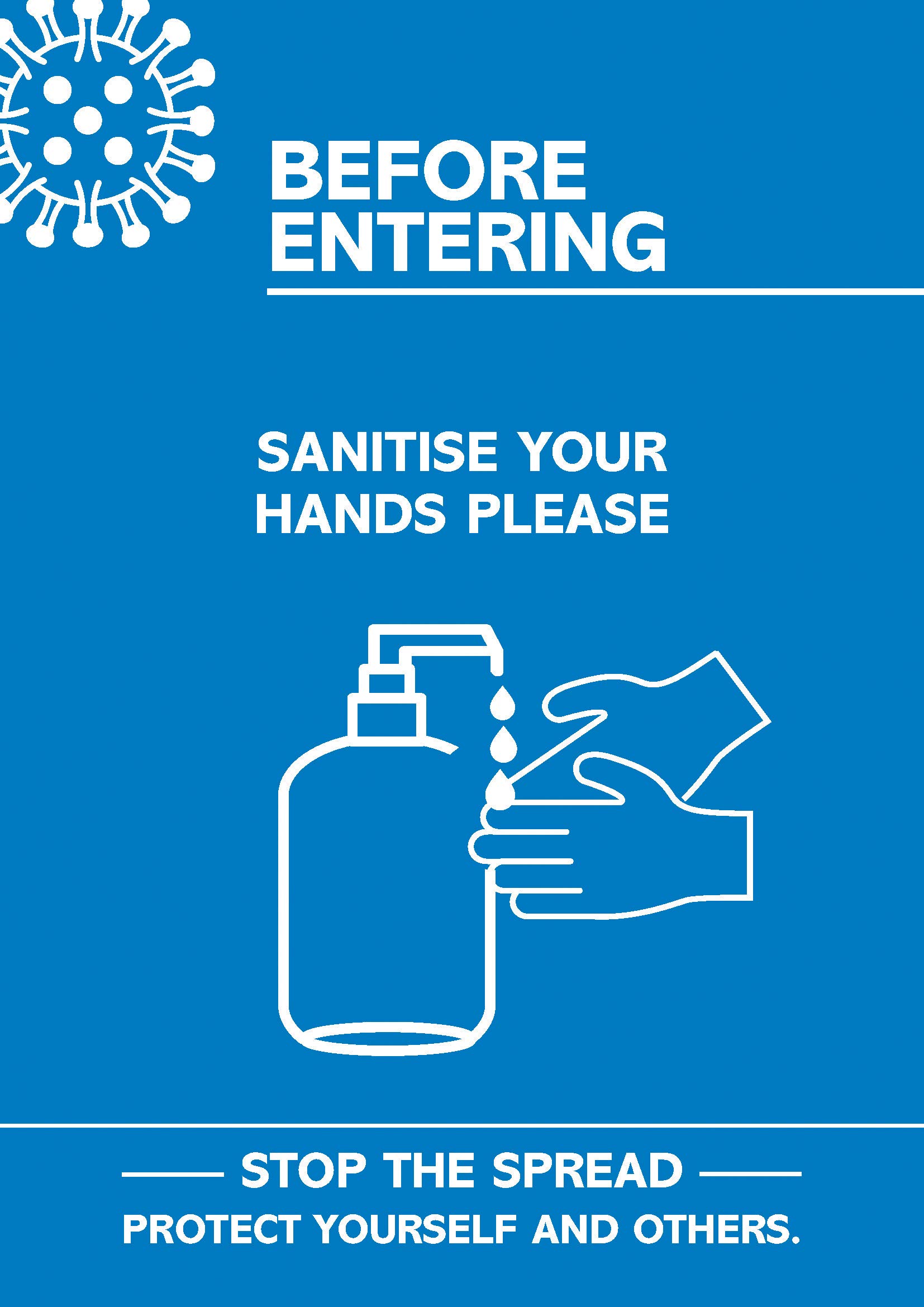 SECOCoronavirus Essential Poster -"Before Entering - Sanitise Your Hands", A4, Blue and White CVP04-A4