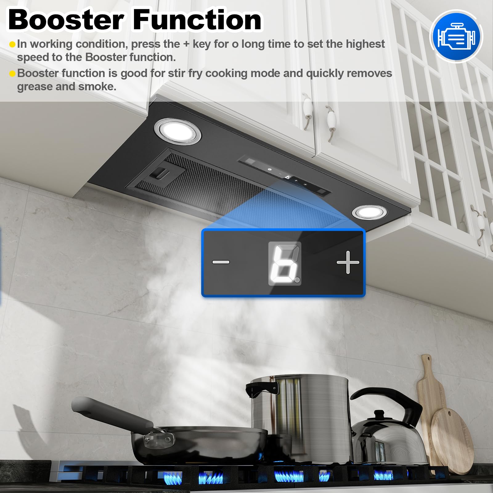 Cappa da incasso 52 cm, 400 m³/h, Nero Cappa da cucina, Comandi Gesto, Tocco, 3 velocità e Booster, Illuminazione a LED, Evacuazione dei condotti e ricircolo con filtro carbone attivo