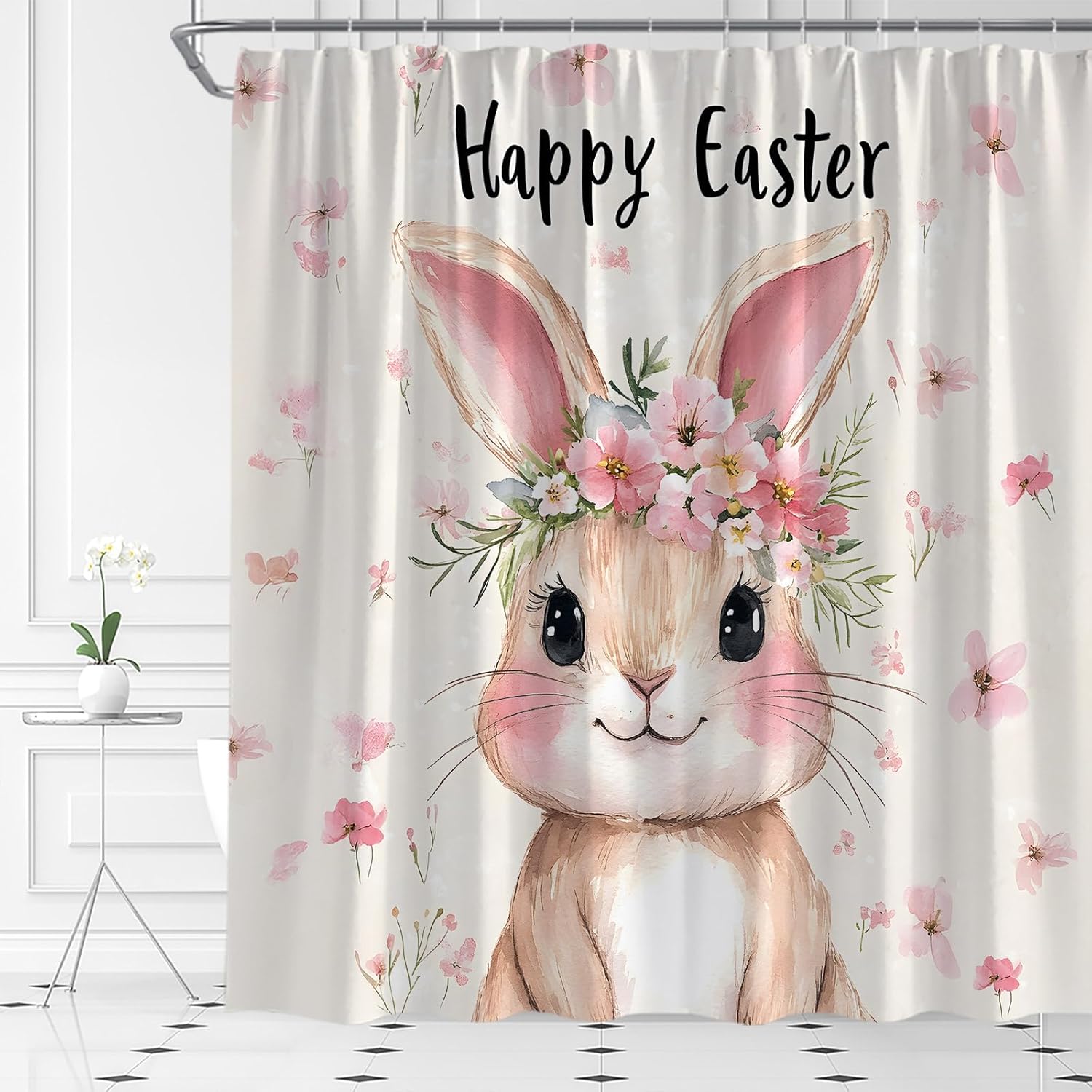 Easter Rabbit Shower Curtain Spring Cute Bunny Eggs Watercolor Floral Farmhouse Rustic Festival Home Fabric Bathroom Decor Set Include Hooks,(70" Wx74.8 H)