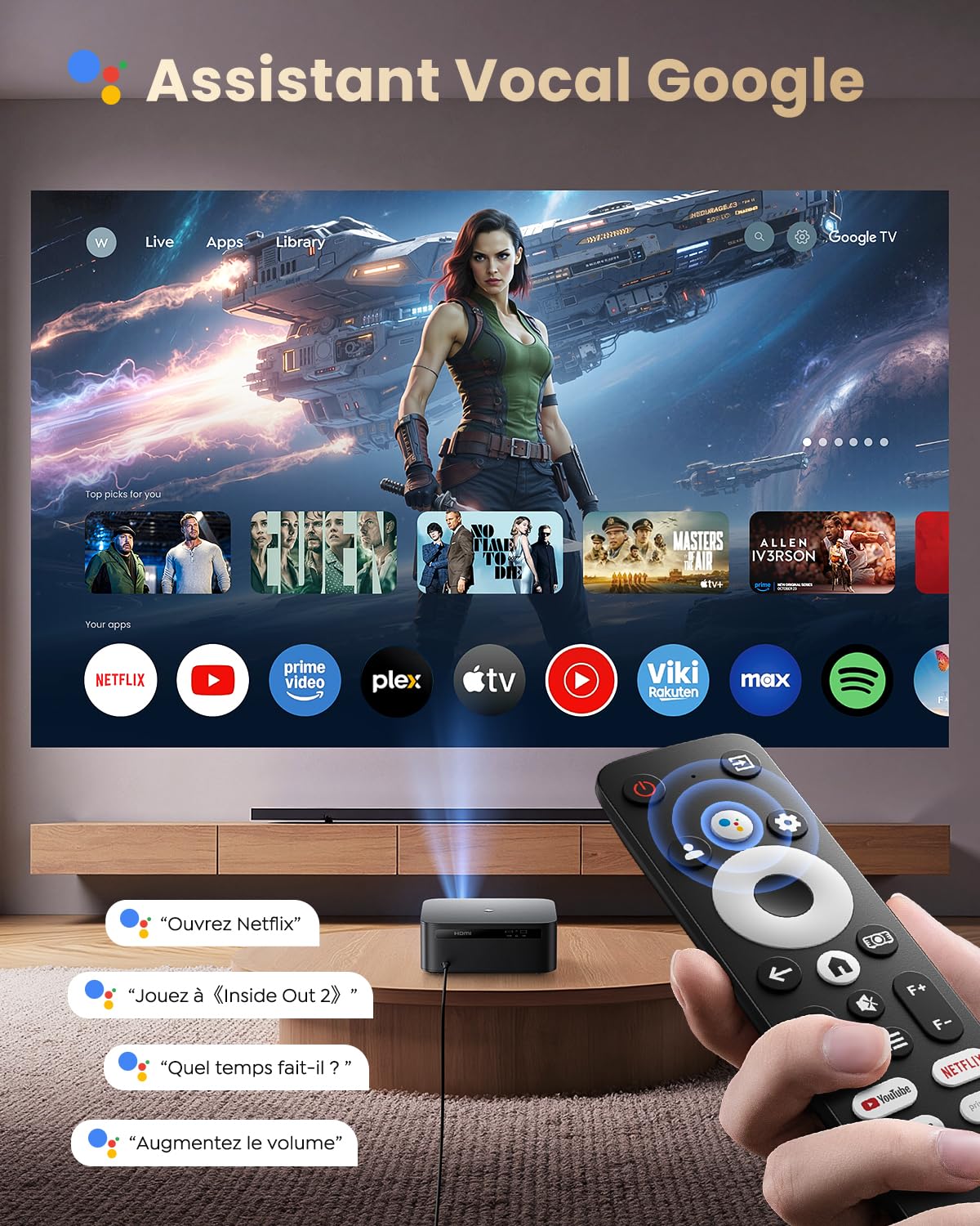 Vidéoprojecteur 4K【1600 ANSI/Google TV/Disney+/Netflix Ready】 WiMiUS Projecteur 4K Auto Focus/Keystone WiFi6 Bluetooth FHD 1080P Natif, Contrôle Vocal, Rétroprojecteur 350'' Zoom 50% Home Cinéma HDMI