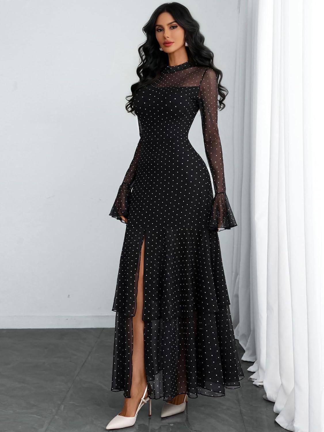 GothDark Womens Elegant Polka Dot Mesh Long Sleeve Dress Bell Sleeve Layered Ruffle Split Formal Wedding Guest Dresses - Image 5