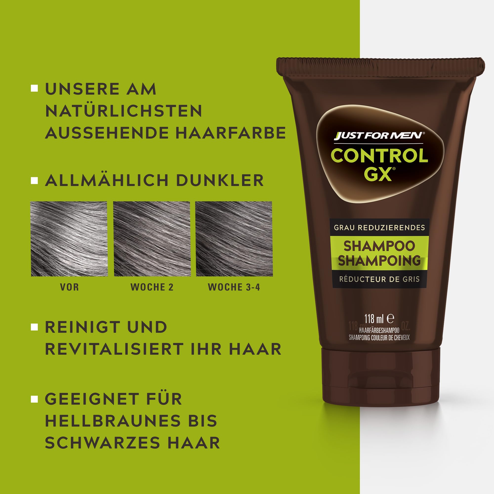 Just For Men Champú Control GX para hombres, reduce las canas, resultado natural, sin líneas de teñido, con aceite de coco y aloe vera, 118 ml, 3 unidades (3 x 118 ml)