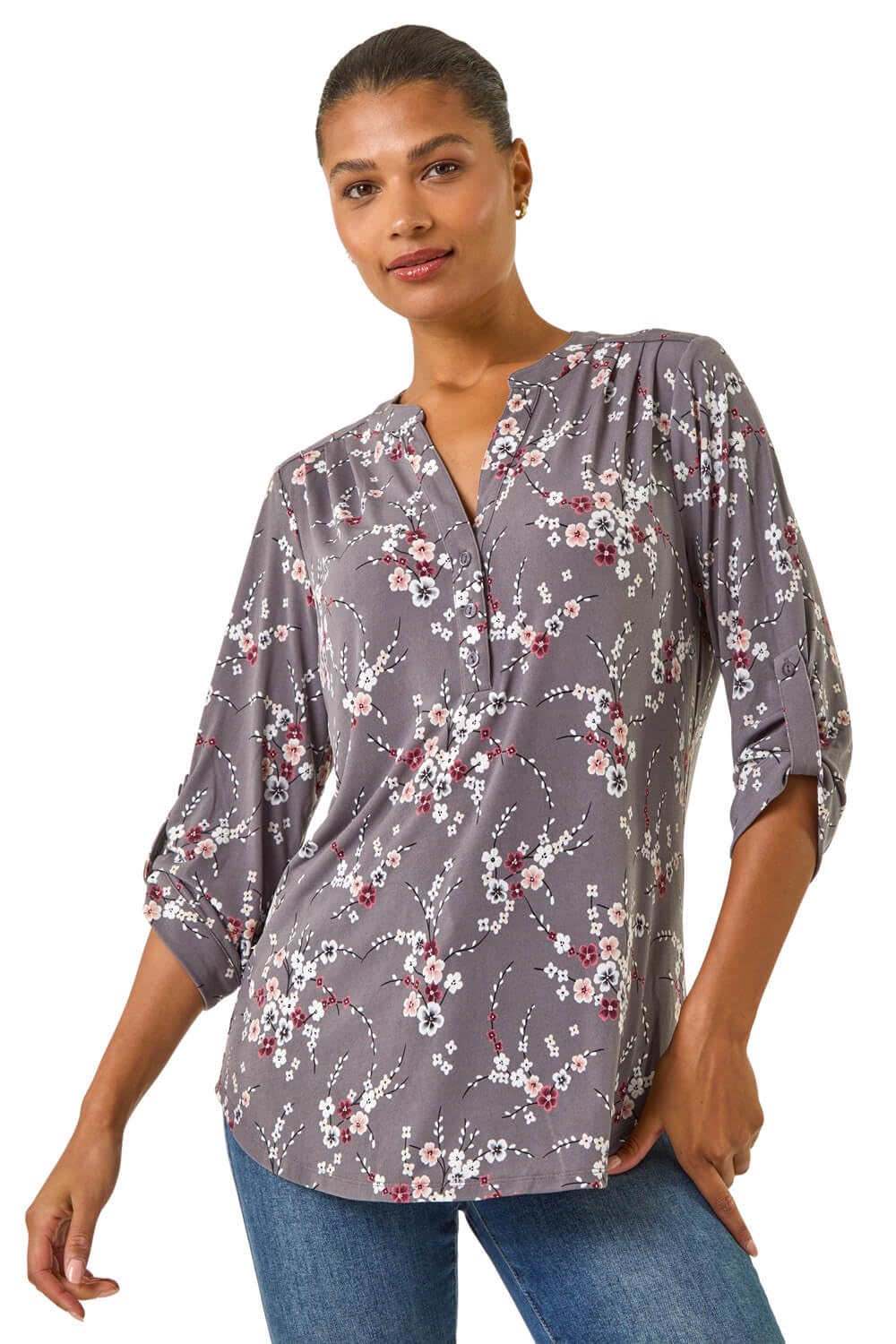 Roman Women's Grey Floral Puff Print Stretch Shirt In | : Size 10