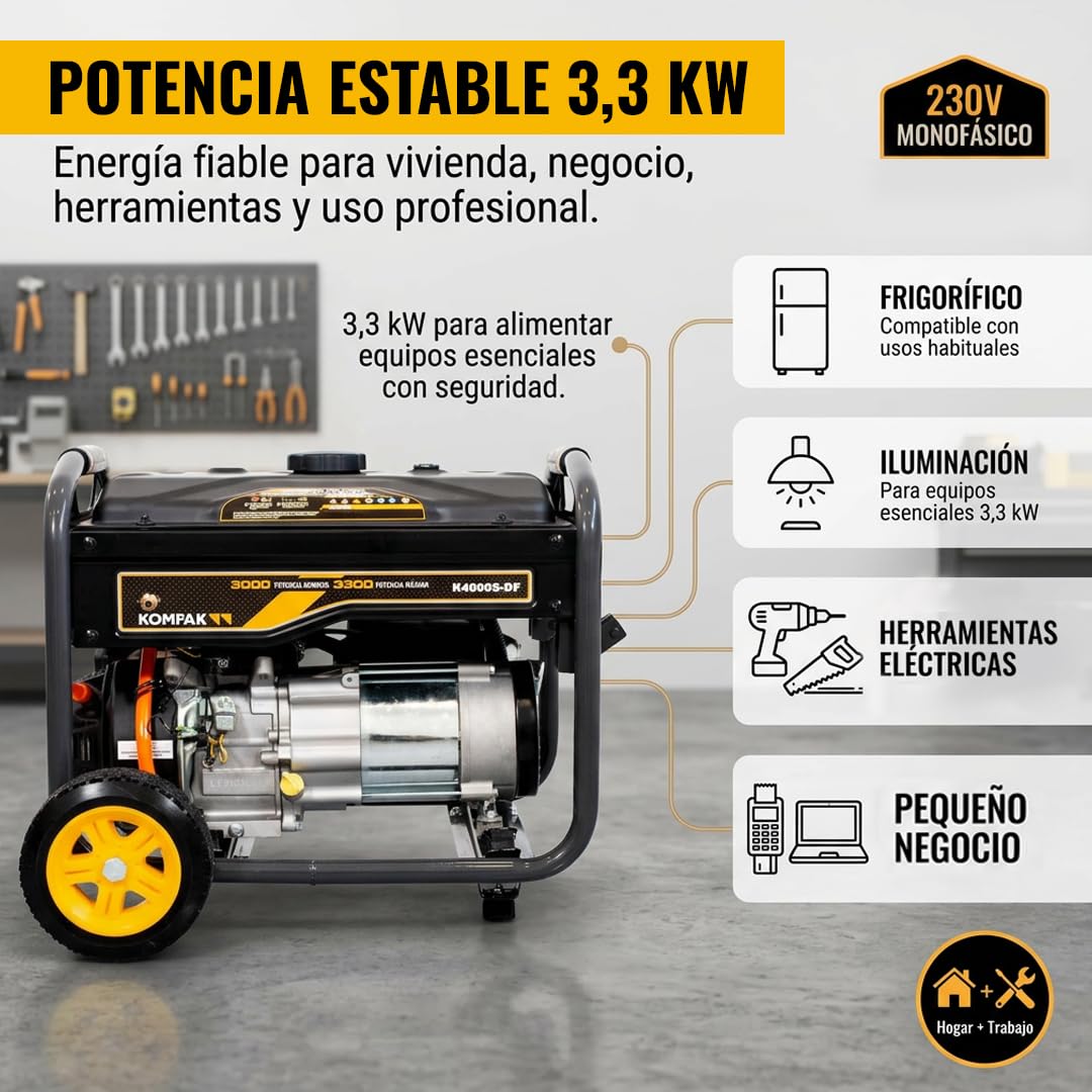 Kompak Generador Dual Fuel Monofásico 3,3 kW Gasolina y Gas LPG - Generador Eléctrico 230V Silencioso con AVR para Emergencias - Generador Portátil Alta Autonomía Uso Profesional