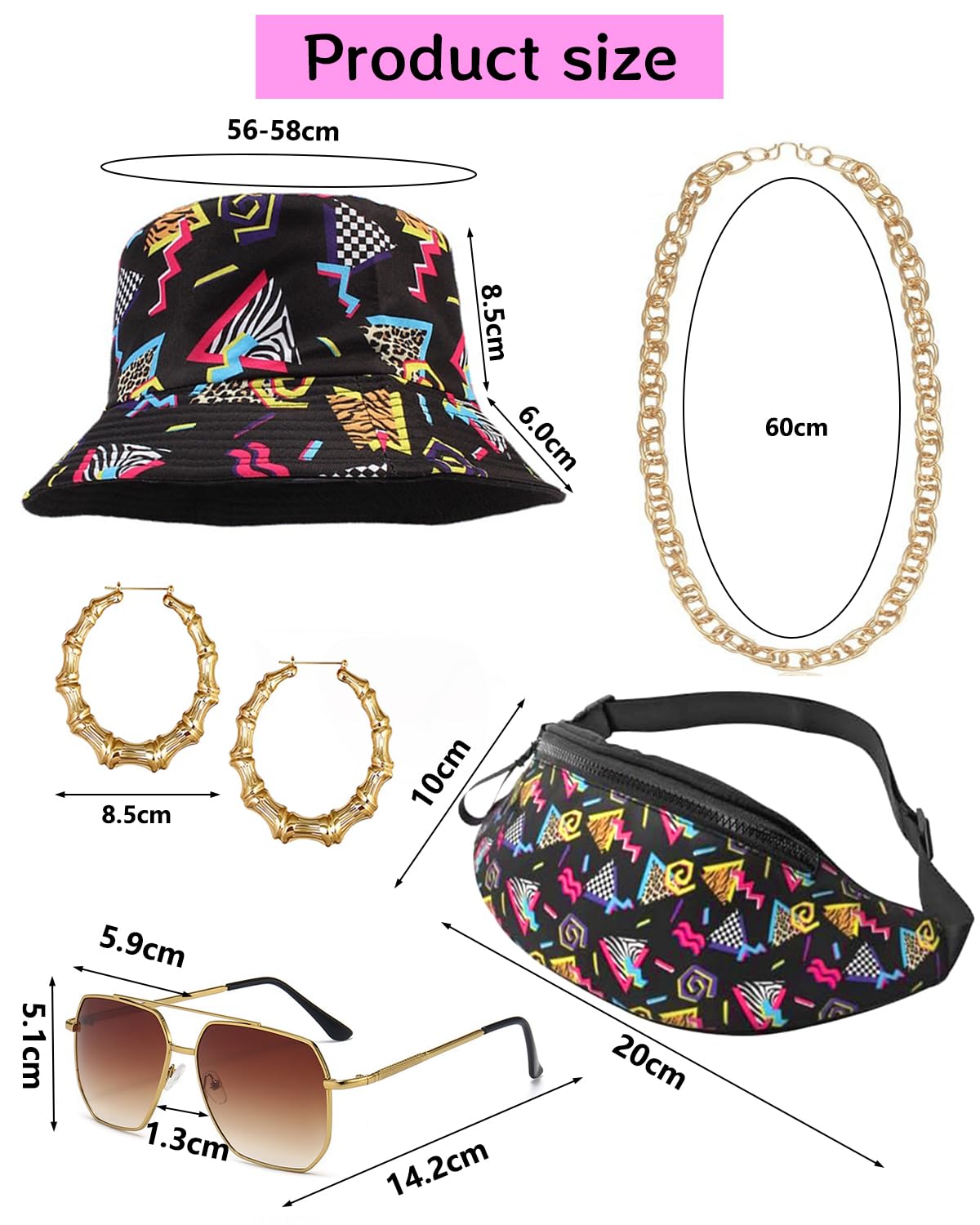 Verceco Trajes de los años 80 para mujer, disfraz de hip hop de los años 90 para adultos con camisa estampada de fiesta temática de los años 90 y juegos de accesorios retro de 7 piezas
