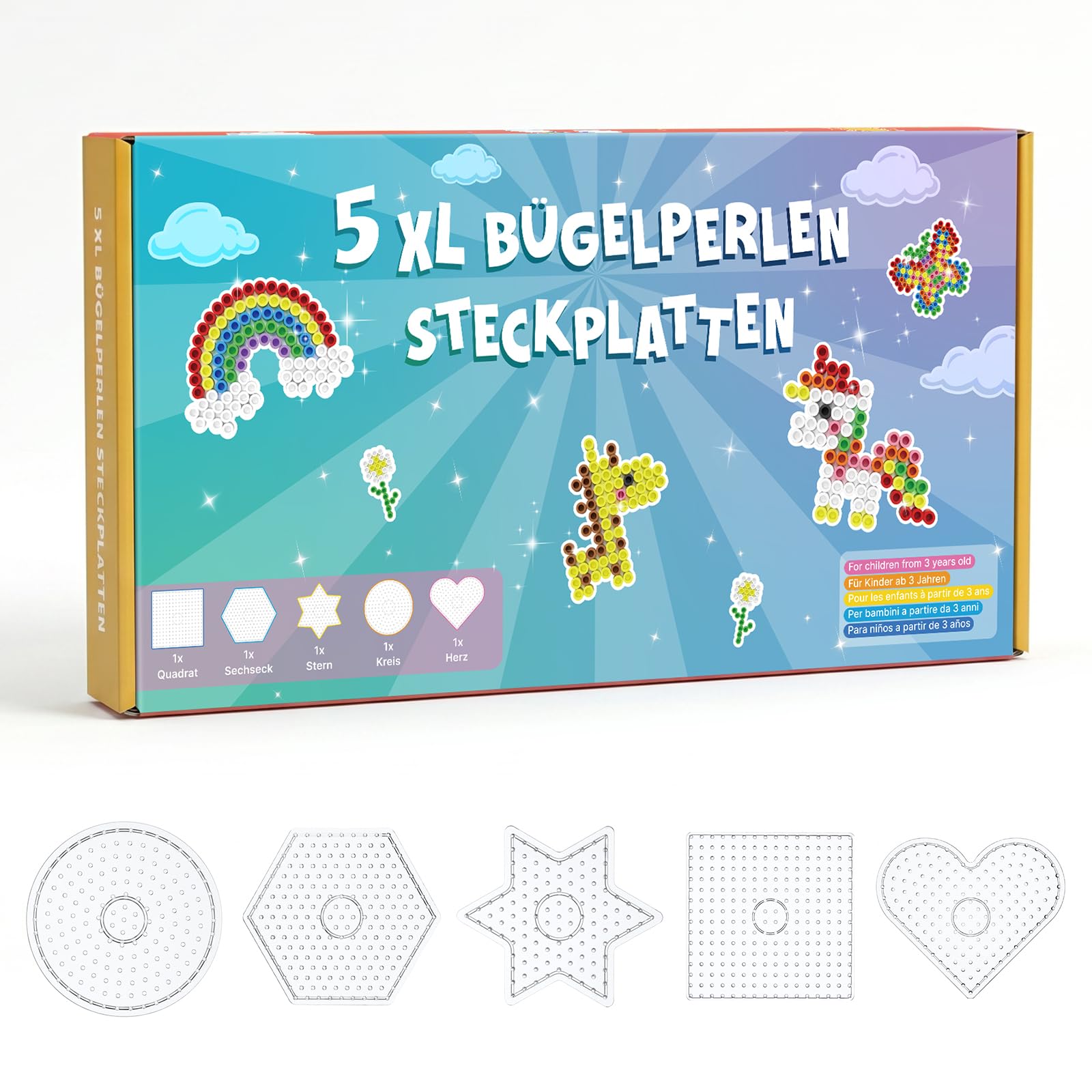 VynyQoo 5 PCS XL Fuse Beads Boards – Heart, Star, Circle, Square & Hexagon Shapes, Includes 50 Downloadable Creative Templates for Easy Ironing & Crafting, 10mm Pegboards for Kids 3+