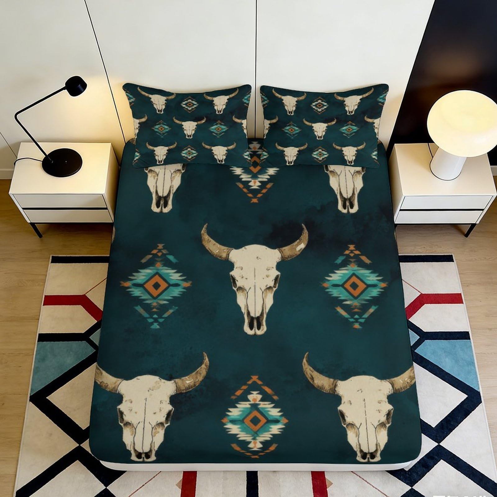 3D Printed Bull Skull Fitted Sheet Microfiber Western Aztec Mattress Cover for Bedroom Guest Room Bed Decor 90x200x25cm
