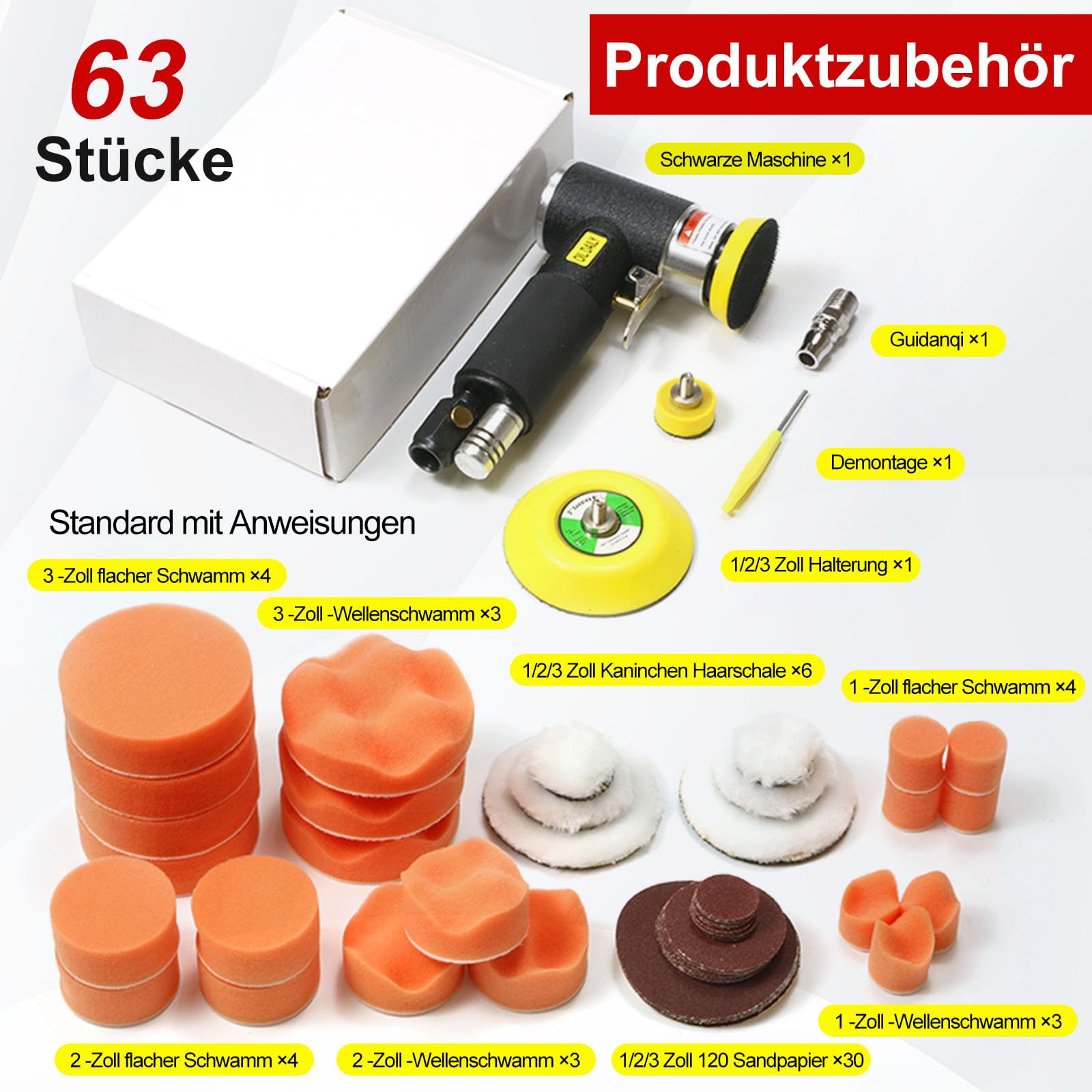 Mini Poliermaschine & Druckluft Exzenterschleifer Auto Polierer Set | 25mm 50mm 75mm Exzenter Schleifer Winkelschleifer mit 21tlg Polierschwamm,30tlg Schleifpapier Polierteller Kit Auto,Metall