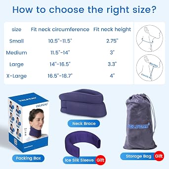 Velpeau Neck Brace for Neck Pain and Support -Soft Cervical Collar for Sleeping in Bed, Snoozing, Sleeping Upright, Anti-Snoring, Sleep Apnea for Women & Men (Blue, Comfort Version, L: 14-16.5/3.3)