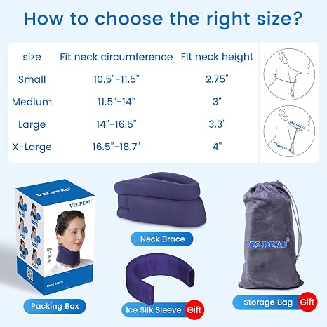 Velpeau Neck Brace for Neck Pain and Support -Soft Cervical Collar for Sleeping in Bed, Snoozing, Sleeping Upright, Anti-Snoring, Sleep Apnea for Women & Men (Blue, Comfort Version, L: 14-16.5/3.3)