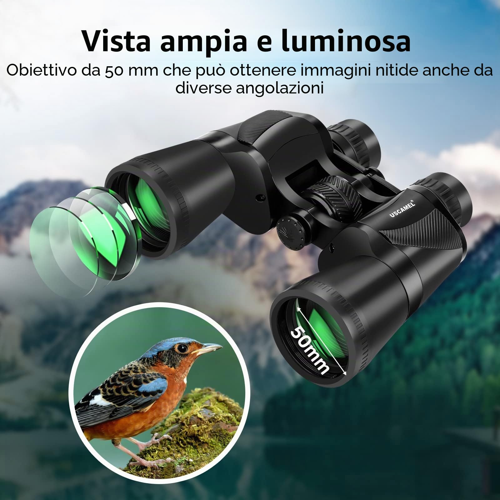 USCAMEL Binocolo Professionale Potente per Adulti: Binocolo 20x50 Professionale Alto Ingrandimento - Prisma BaK-4 e Lente FMC Binocoli con Adattatore Telefonico per Birdwatching Escursionismo