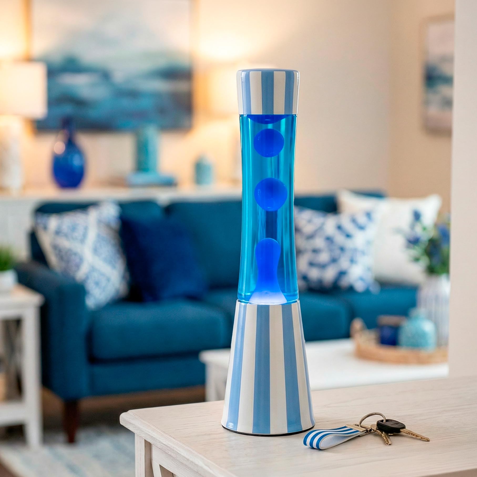 Fisura – Lampe à lave bleue. Lampe décorative relaxante au design original pour maison ou bureau, base à rayures, liquide et lave bleus, ampoule de rechange incluse, 11 x 11 x 39,5 cm