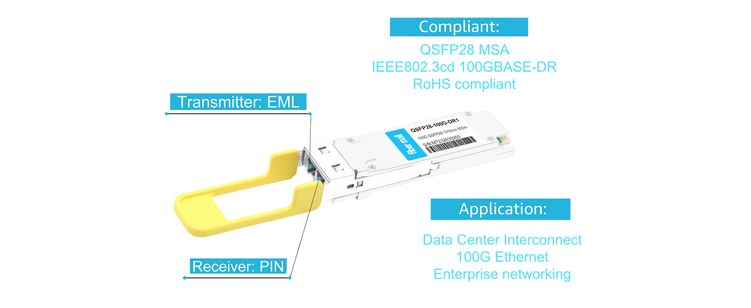Image of 100G QSFP28 DR Single Lambda Optical Transceiver Module,Compatible with Ruijie Networks 100G-QSFP-DR1-SM1310,100GBASE-DR QSFP28 1310nm 500m Duplex LC SMF with FEC DDM