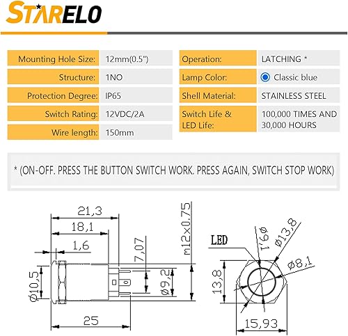 Miniatura 2 de STARELO 5 interruptores de botón LED de 0.472 in con cierre de 0.472 in, carcasa plateada con precableado, interruptor de botón impermeable IP65,