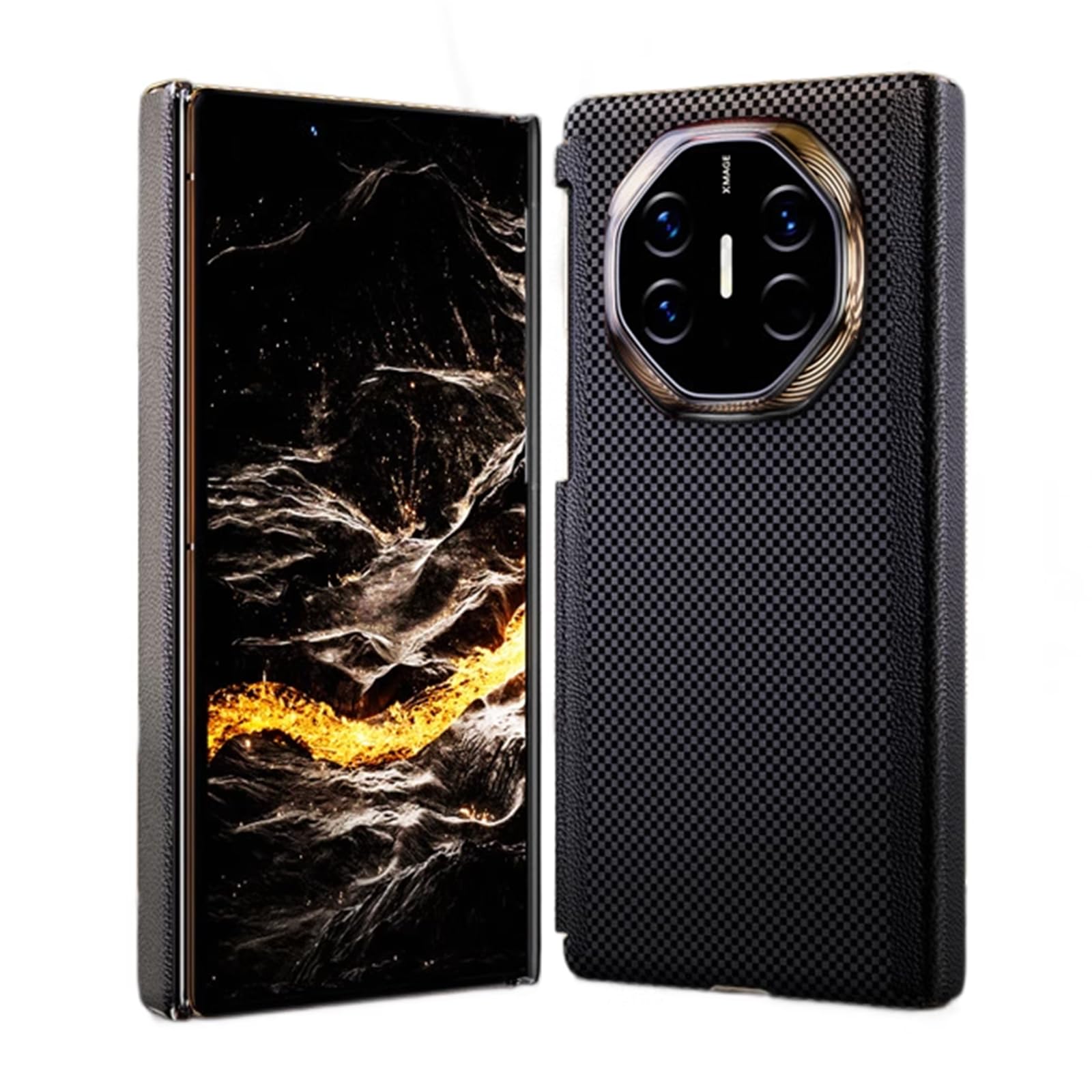 Housse pour Huawei Mate XT, Charnière Antichoc Coque Arrière en Cuir Fibre De Carbone Texture Mince Luxe Protection Étui,Noir,Mate XT
