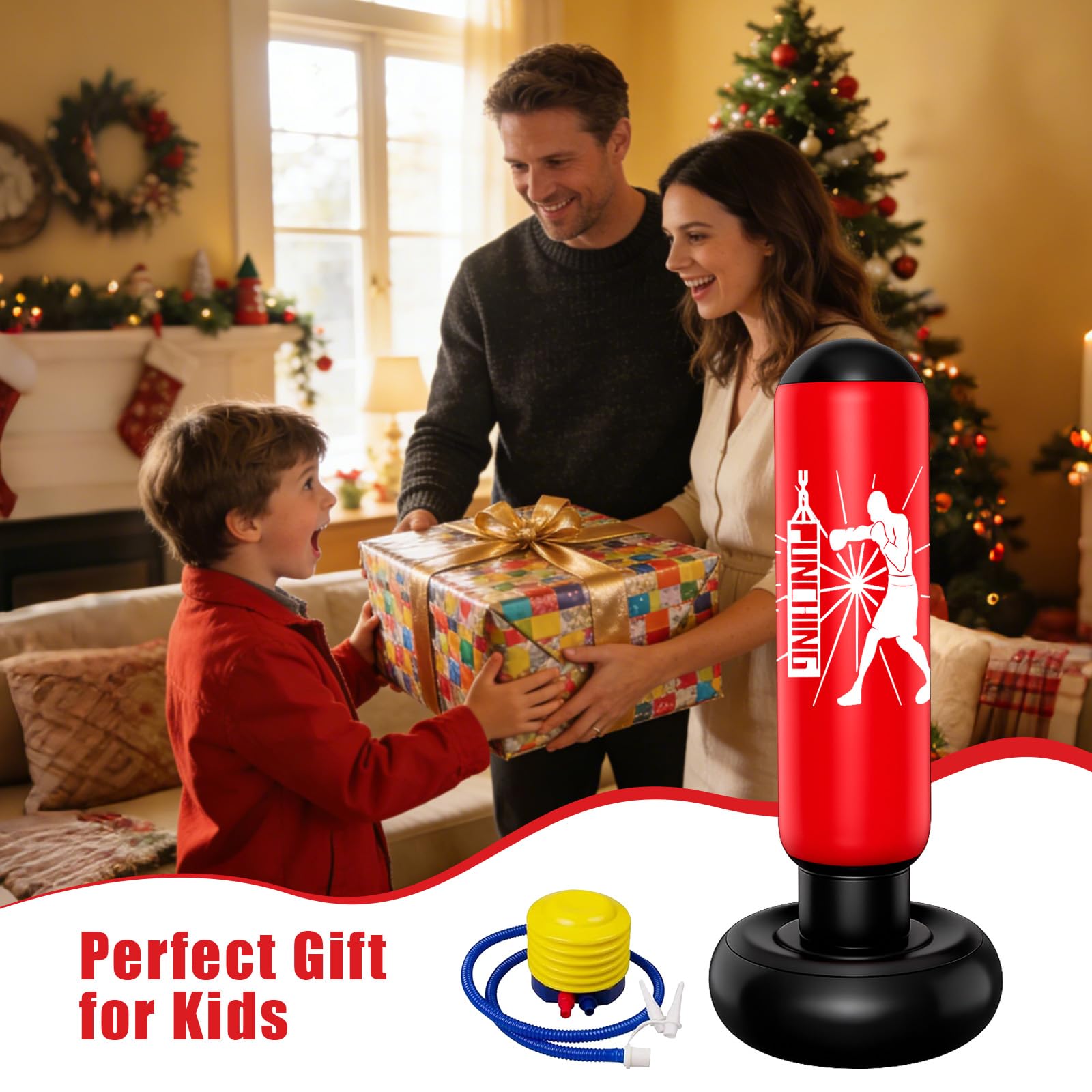 Sacco da Boxe per Bambini, 160 CM Sacco da Boxe Bambini Gonfiabile in PVC con Pompa, per Ragazzi e Ragazze, Pratica Karate, Kickboxing, Taekwondo, MMA