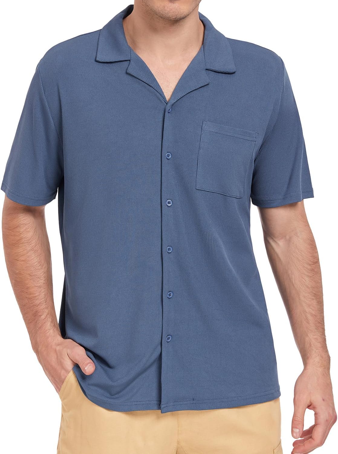 EISHOPEER Men's Camp Collar Vacation Ribbed Shirt Wrinkle Free Casual Button Down Shirts S-3XL - Image 2