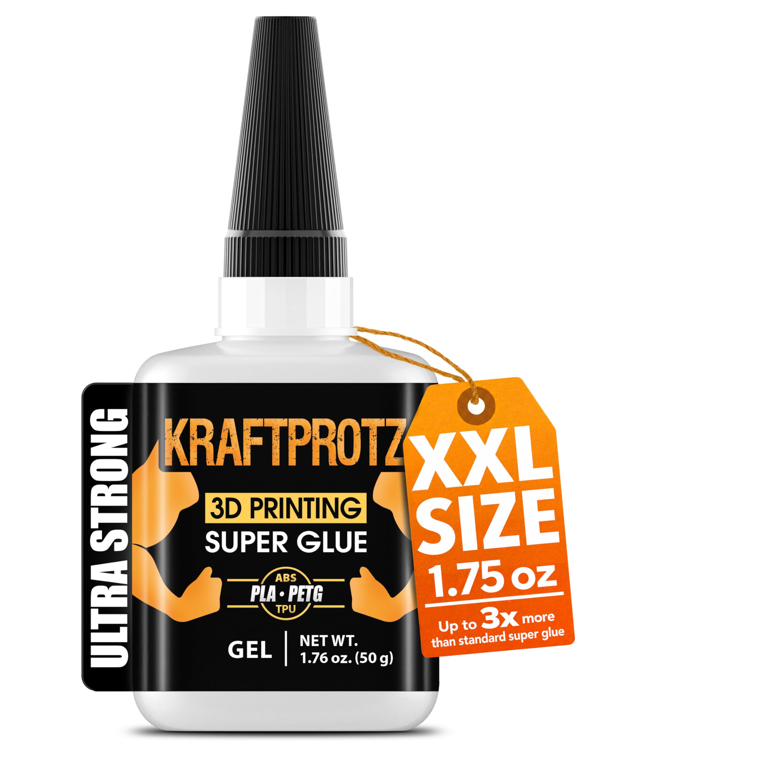3D Druck Sekundenkleber Gel extra stark – 50 g XXL Superkleber wasserfest, hitzebeständig & transparent – Anti-Austrocknungs-Spitze – KRAFTPROTZ PLA-, ABS-, PETG-, TPU-Kleber & Zubehör