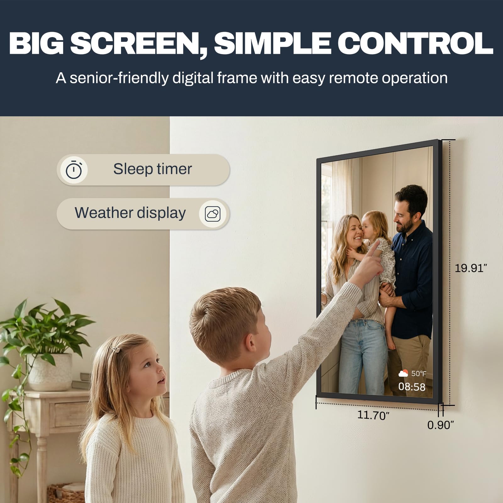 FRAMEO 21.5 Pollici Touchscreen Grande Cornice Fotografica Digitale 1920x1080 WiFi Digital Picture Frame 32GB, Sicurezza Condividi Foto/Video tramite APP, USB/Mirco SD, Facile Impostazione, Regali per