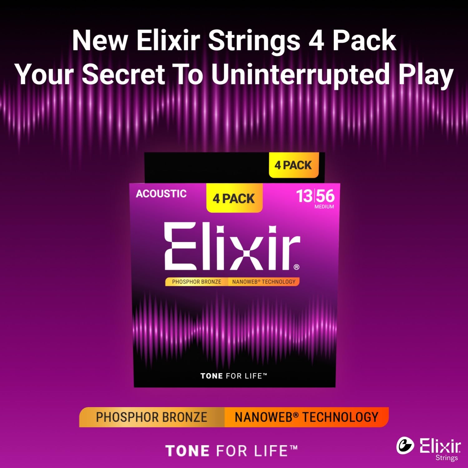 Elixir Strings Corde per chitarra acustica in bronzo fosforoso con tecnologia NANOWEB, medie (.013-.056) - Confezione esclusiva Amazon da 4
