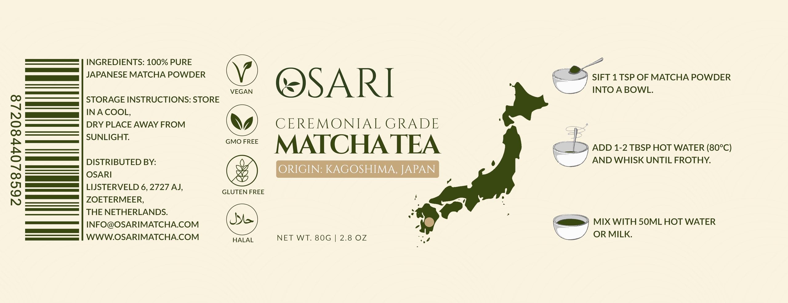 OSARI Matcha Ceremonial 80 g – Primera Cosecha de Kagoshima, Japón – Matcha Japonés 100% Puro – Molido a la Piedra y Analizado en Laboratorio – Umami Suave