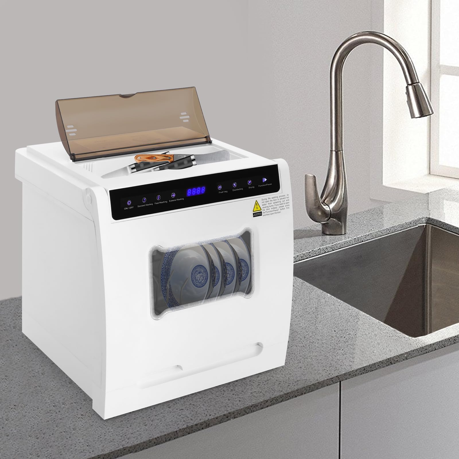 Lavastoviglie da tavolo 1100W con 5 programmi e asciugatura ad aria calda, per 4-6 persone, 72h di conservazione, pannello di controllo touch, finestra, silenzioso 52dB, per appartamento, camper