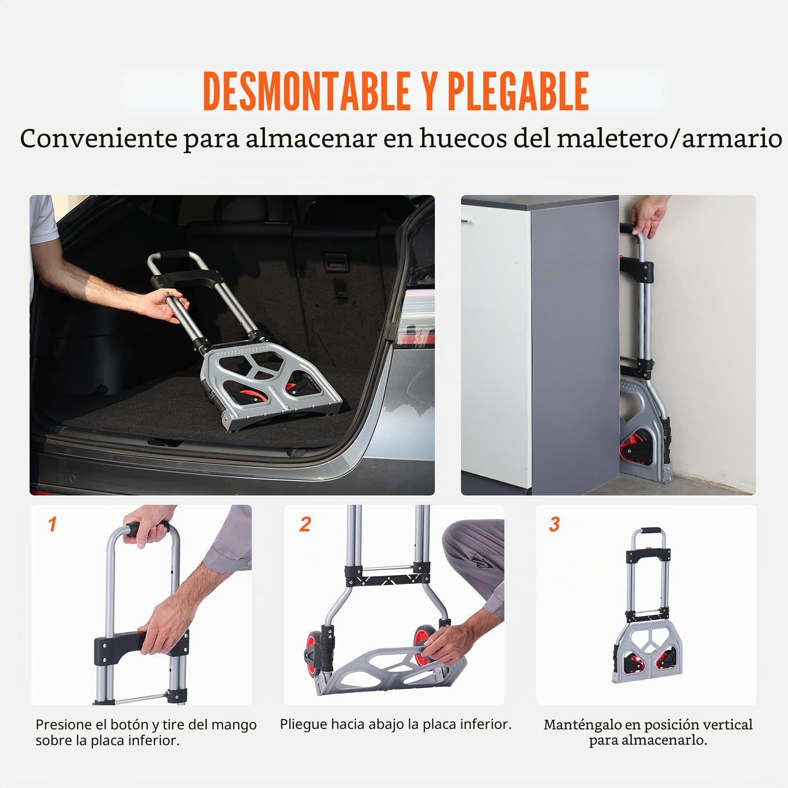 VEVOR Carretilla de Mano Plegable de Aluminio Carga de 80 kg Carro de Mano de Alta Resistencia con Ruedas de Goma Mango Telescópico para Transporte Doméstico, Mercancías de Almacén Supermercado
