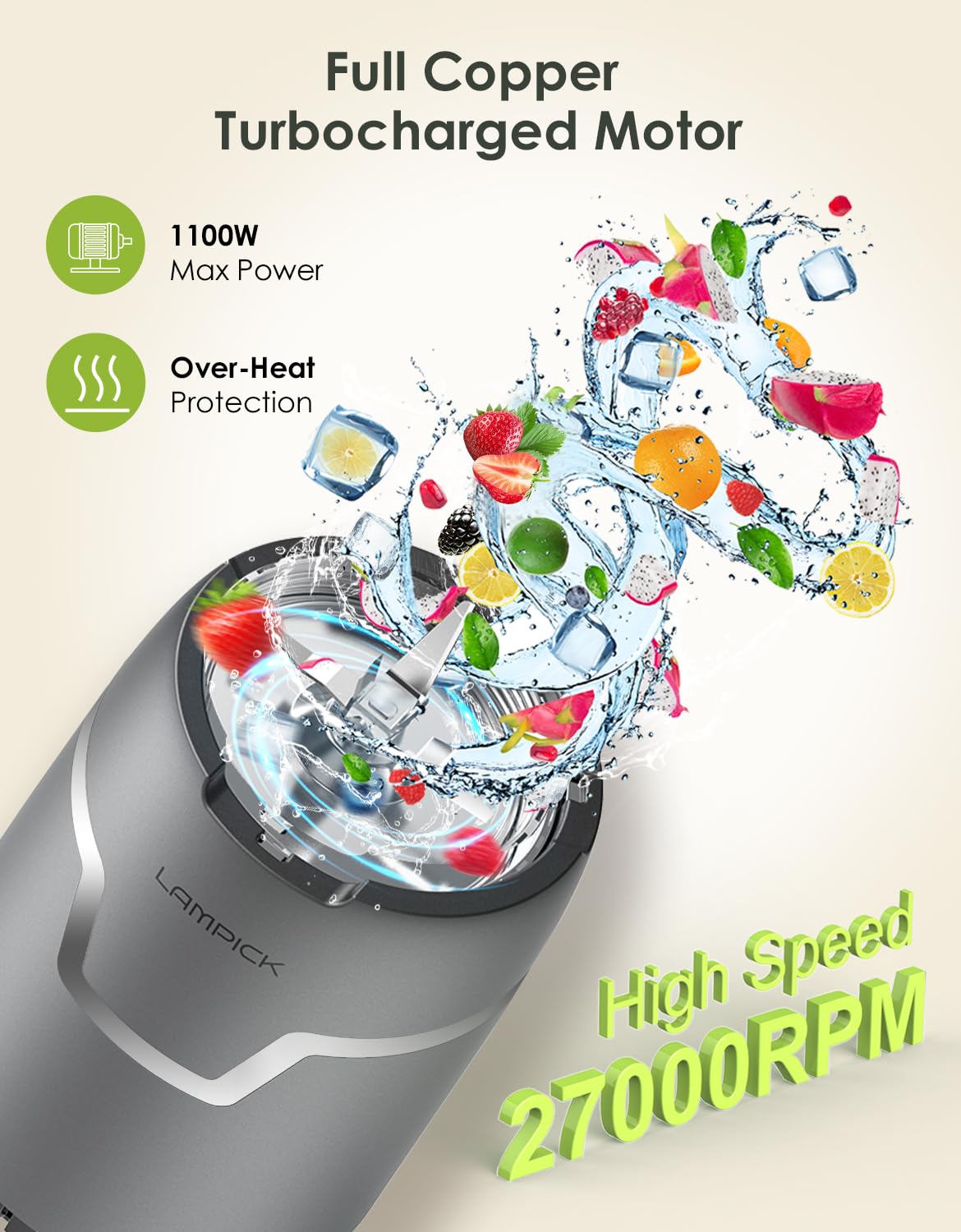 LAMPICK Smoothie Blender, 1100W Personal Blender for Shakes and Smoothies, Blenders and Grinder Combo for Kitchen with 2 * 22 Oz To-Go Cup and Lid for Protein Shake, Baby Food, Frozen Drink