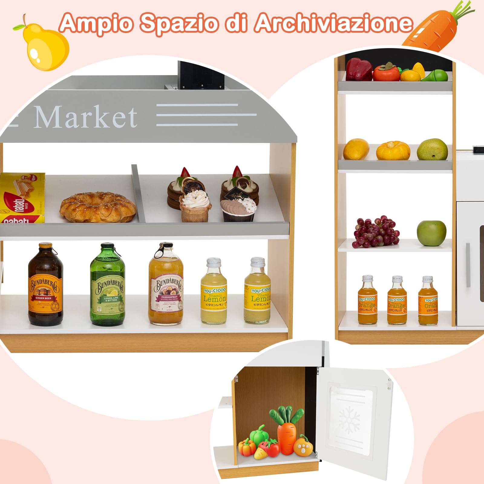 GYMAX Negozio di Alimentari per Bambini, Gioco di Ruolo con Carrello della Spesa, Registratore di Cassa, Scanner, Lavagne, Set da Gioco Supermercato in Legno, Regalo Perfetto per Bambini 3+ Anni