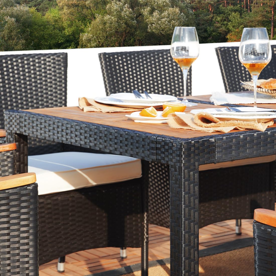 Casaria® Gartenmöbel Set 8 Stühle inkl. 7cm Auflagen mit Tisch 2X Verstellbare Lehne Outdoor Terrassenmöbel Polyrattan Wetterfest Holz Akazie Essgruppe Garten Balkon Lounge