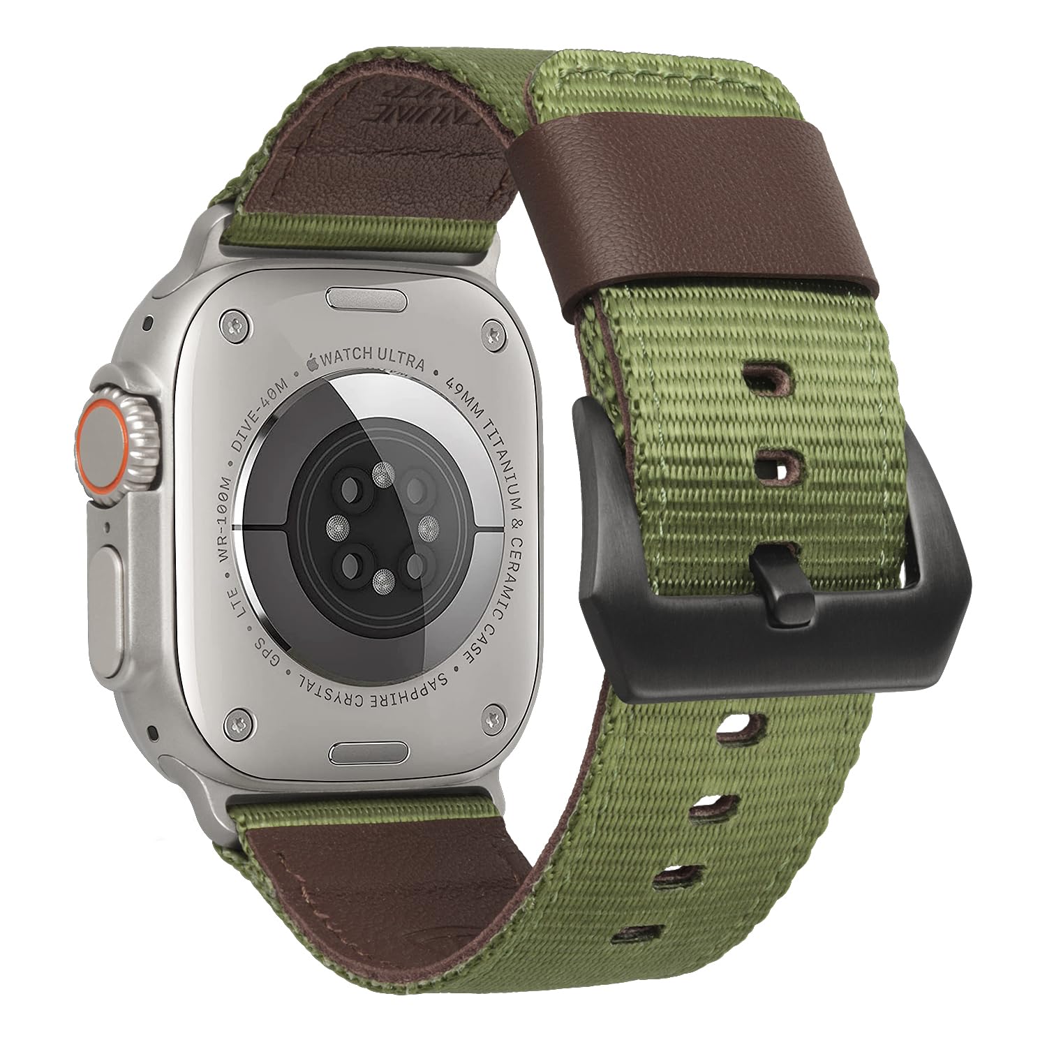 XIAOJU Compatible with Apple Watch Band 49mm 45mm 44mm 42mm, Rugged Nylon Genuine Leather Band Replacement Strap for Apple Watch Ultra 2/1 Series 9/8/7/6/5/4/3/2/1/SE2/SE (49mm/45mm/44mm/42mm, Green)