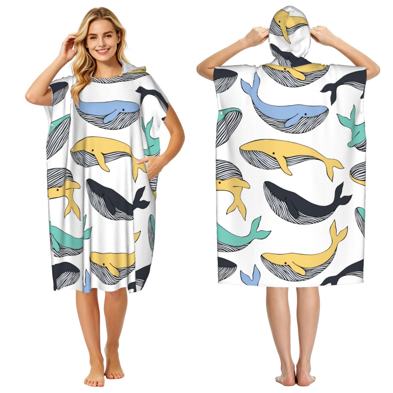 Poadnly Whales Whale Animal, Adult Hooded Beach Towel 90 x 110 cm,Changing Bath Robe, Surf Poncho Towel For Women Men