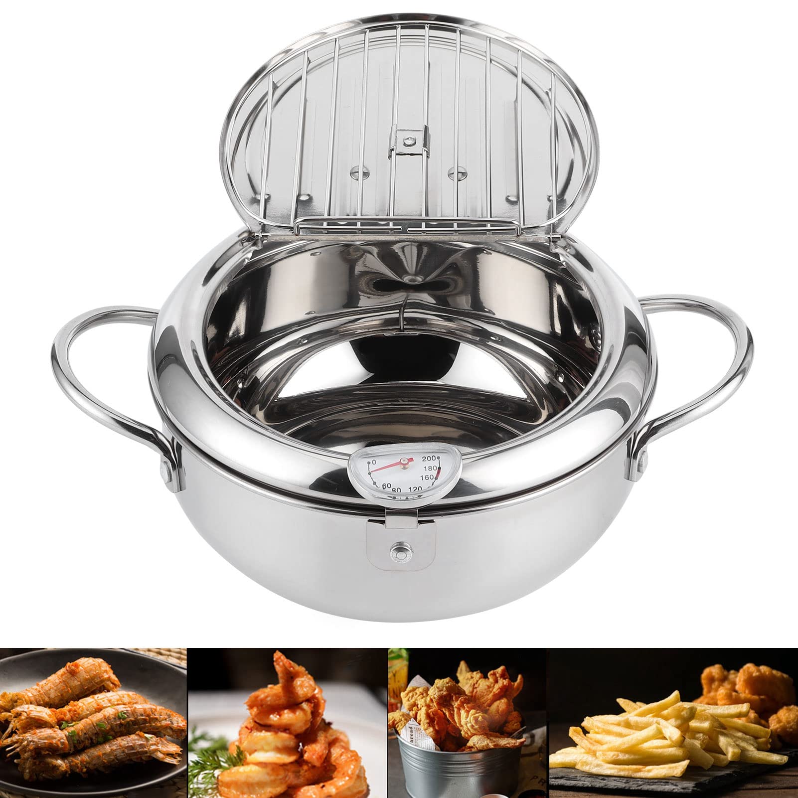 Japanese Style Mini Stainless Steel Frying Pot, Temperature Controlled Household Tempura Frying Pan, Compatible with Gas Stove, Induction Cooker and Electric Stove (Large size 24cm)