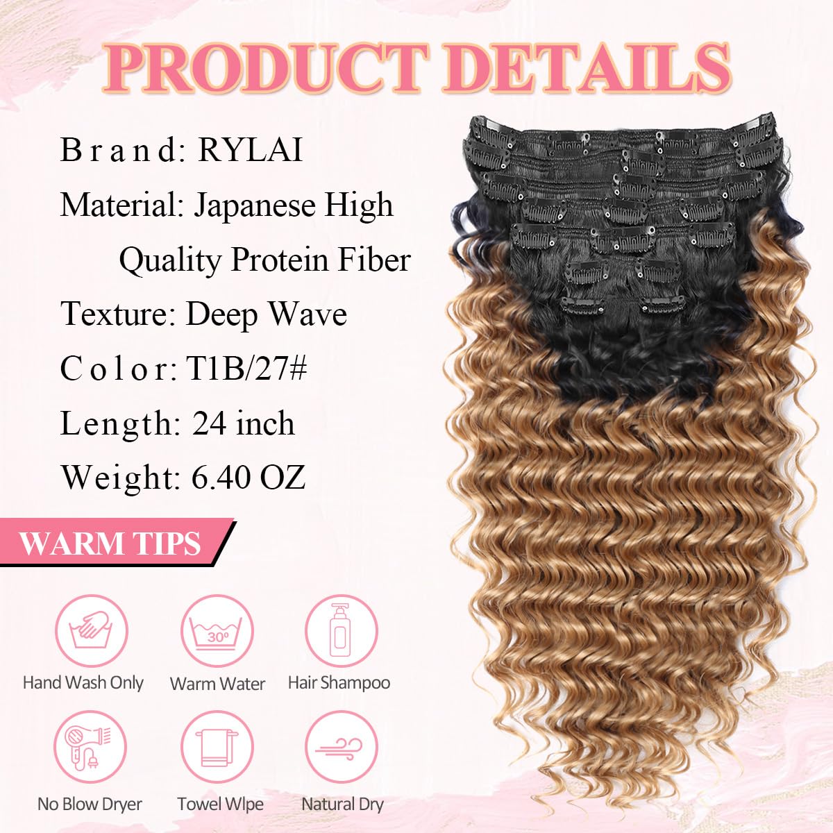 ?24” BLACK CURLY FULL HEAD CLIPIN EXTENSIONS *NWT 8pcs 24 main image 2