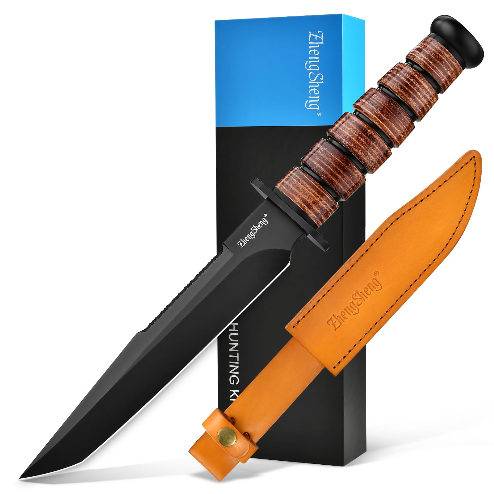 8.0 inches Fixed Blade Knife - Perfect PVD Titanium Coating DC53 Steel Blade Bowie Knife with Leather Sheath for Camping, Hiking, Survival